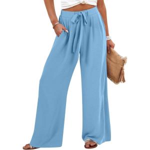 Caracilia Wide Leg Palazzo Pants for Women Summer High Waist Flowy Loose Casual Lounge Trousers Beach Travel Vacation Clothes(Bright Blue)