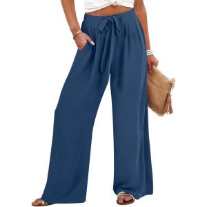 Caracilia Wide Leg Palazzo Pants for Women Summer High Waist Flowy Loose Casual Lounge Trousers Beach Travel Vacation Clothes(Deep Blue)