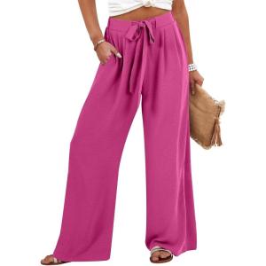 Caracilia Wide Leg Palazzo Pants for Women Summer High Waist Flowy Loose Casual Lounge Trousers Beach Travel Vacation Clothes(Hot Pink)