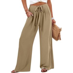 Caracilia Wide Leg Palazzo Pants for Women Summer High Waist Flowy Loose Casual Lounge Trousers Beach Travel Vacation Clothes(Khaki)