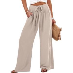 Caracilia Wide Leg Palazzo Pants for Women Summer High Waist Flowy Loose Casual Lounge Trousers Beach Travel Vacation Clothes(Parchment)
