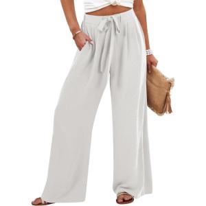 Caracilia Wide Leg Palazzo Pants for Women Summer High Waist Flowy Loose Casual Lounge Trousers Beach Travel Vacation Clothes(White)