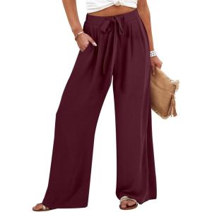 Caracilia Wide Leg Palazzo Pants for Women Summer High Waist Flowy Loose Casual Lounge Trousers Beach Travel Vacation Clothes(Wine Red)