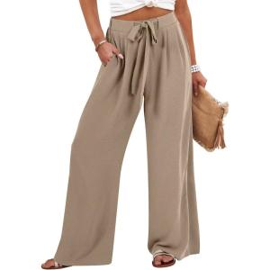 Caracilia Wide Leg Palazzo Pants for Women Summer High Waist Flowy Loose Casual Lounge Trousers Beach Travel Vacation Clothes(Yellow Khaki)