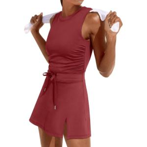 Caracilia Women Athletic Dress Tennis Active Workout Sleeveless Fitted Slit Summer Mini Golf Romper Dresses Built in Shorts(Dark Red)