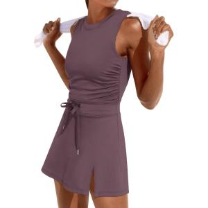 Caracilia Women Athletic Dress Tennis Active Workout Sleeveless Fitted Slit Summer Mini Golf Romper Dresses Built in Shorts(Nutmeg)