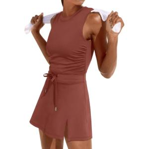 Caracilia Women Athletic Dress Tennis Active Workout Sleeveless Fitted Slit Summer Mini Golf Romper Dresses Built in Shorts(Rust)
