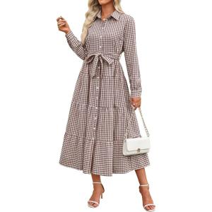 Caracilia Women Long Sleeve Maxi Dress 2025 Spring Casual Button Down Striped Plaid Tie Waist Shirt Dresses Vacation Outfits(Brown Plaid)