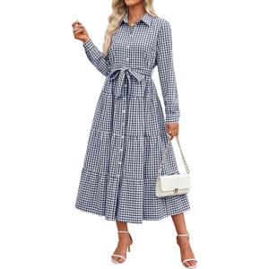 Caracilia Women Long Sleeve Maxi Dress 2025 Spring Casual Button Down Striped Plaid Tie Waist Shirt Dresses Vacation Outfits(Navy Blue White Plaid)