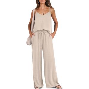 Caracilia Women Summer 2 Piece Lounge Sets Outfits Casual Matching Tank Top Wide Leg Pants Set Travel Beach Vacation Clothes(Apricot)