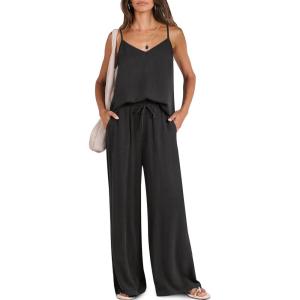 Caracilia Women Summer 2 Piece Lounge Sets Outfits Casual Matching Tank Top Wide Leg Pants Set Travel Beach Vacation Clothes(Black)