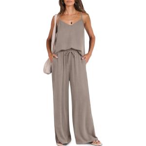 Caracilia Women Summer 2 Piece Lounge Sets Outfits Casual Matching Tank Top Wide Leg Pants Set Travel Beach Vacation Clothes(Brown)