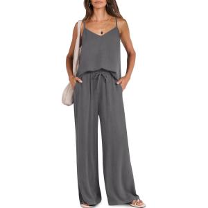 Caracilia Women Summer 2 Piece Lounge Sets Outfits Casual Matching Tank Top Wide Leg Pants Set Travel Beach Vacation Clothes(Dark Gray)