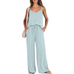 Caracilia Women Summer 2 Piece Lounge Sets Outfits Casual Matching Tank Top Wide Leg Pants Set Travel Beach Vacation Clothes(Mint Green)