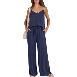Caracilia Women Summer 2 Piece Lounge Sets Outfits Casual Matching Tank Top Wide Leg Pants Set Travel Beach Vacation Clothes(Navy Blue)