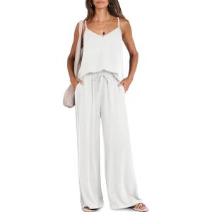 Caracilia Women Summer 2 Piece Lounge Sets Outfits Casual Matching Tank Top Wide Leg Pants Set Travel Beach Vacation Clothes(White)