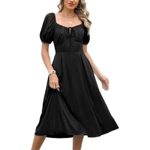 Caracilia Women Summer Casual Midi Dress Puff Short Sleeve Square Neck Floral Wedding Guest Party Graduation Dress(Black)