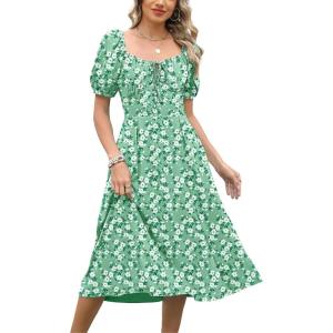 Caracilia Women Summer Casual Midi Dress Puff Short Sleeve Square Neck Floral Wedding Guest Party Graduation Dress(Green White Floral)