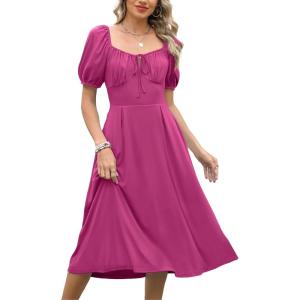 Caracilia Women Summer Casual Midi Dress Puff Short Sleeve Square Neck Floral Wedding Guest Party Graduation Dress(Hot Pink)