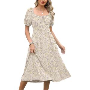 Caracilia Women Summer Casual Midi Dress Puff Short Sleeve Square Neck Floral Wedding Guest Party Graduation Dress(Khaki Purple Floral)