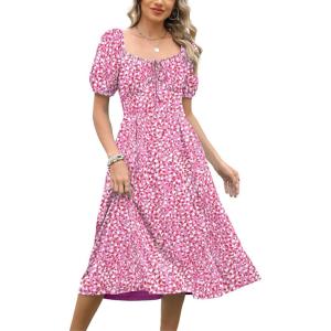 Caracilia Women Summer Casual Midi Dress Puff Short Sleeve Square Neck Floral Wedding Guest Party Graduation Dress(Red White Floral)