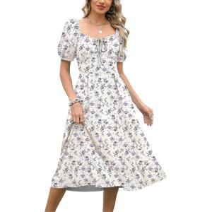 Caracilia Women Summer Casual Midi Dress Puff Short Sleeve Square Neck Floral Wedding Guest Party Graduation Dress(White Purple Floral)