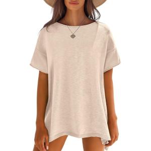 Caracilia Women Summer Lightweight Sweater Top Oversized Short Sleeve Drop Shoulder Seams Outside Casual T-Shirts Trendy 2025(Beige)
