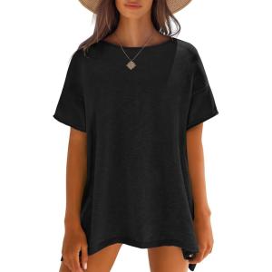 Caracilia Women Summer Lightweight Sweater Top Oversized Short Sleeve Drop Shoulder Seams Outside Casual T-Shirts Trendy 2025(Black)