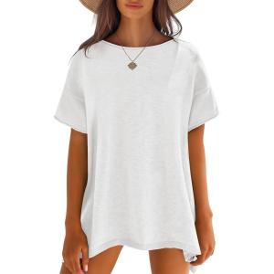 Caracilia Women Summer Lightweight Sweater Top Oversized Short Sleeve Drop Shoulder Seams Outside Casual T-Shirts Trendy 2025(Cream White)