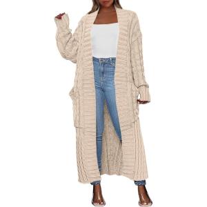 Caracilia Womens Long Cardigan Sweaters 2025 Fall Open Front Coat Long Sleeve Cable Knit Maxi Outerwear Trendy Jacket Clothes(Apricot)