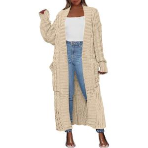 Caracilia Womens Long Cardigan Sweaters 2025 Fall Open Front Coat Long Sleeve Cable Knit Maxi Outerwear Trendy Jacket Clothes(Light Khaki)