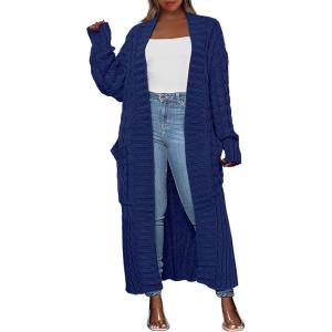 Caracilia Womens Long Cardigan Sweaters 2025 Fall Open Front Coat Long Sleeve Cable Knit Maxi Outerwear Trendy Jacket Clothes(Navy Blue)