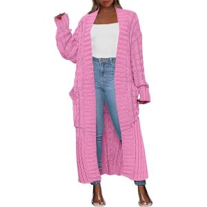 Caracilia Womens Long Cardigan Sweaters 2025 Fall Open Front Coat Long Sleeve Cable Knit Maxi Outerwear Trendy Jacket Clothes(Pink)