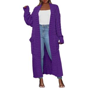 Caracilia Womens Long Cardigan Sweaters 2025 Fall Open Front Coat Long Sleeve Cable Knit Maxi Outerwear Trendy Jacket Clothes(Purple)
