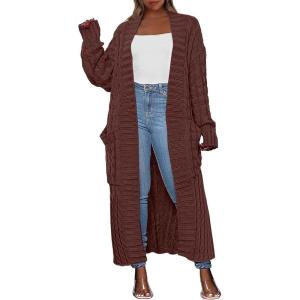 Caracilia Womens Long Cardigan Sweaters 2025 Fall Open Front Coat Long Sleeve Cable Knit Maxi Outerwear Trendy Jacket Clothes(Red Brown)