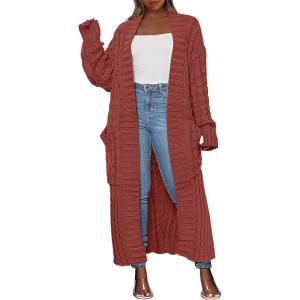 Caracilia Womens Long Cardigan Sweaters 2025 Fall Open Front Coat Long Sleeve Cable Knit Maxi Outerwear Trendy Jacket Clothes(Rust Red)