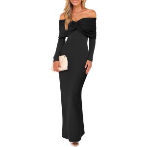 Caracilia Womens Off The Shoulder Bodycon Maxi Dress Fall Sexy Elegant Long Sleeve Ruched Club Party Formal Cocktail Dresses(Black)