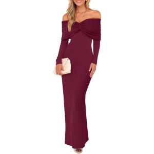 Caracilia Womens Off The Shoulder Bodycon Maxi Dress Fall Sexy Elegant Long Sleeve Ruched Club Party Formal Cocktail Dresses(Burgundy)