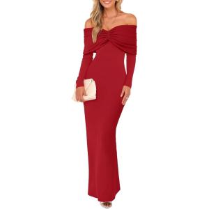 Caracilia Womens Off The Shoulder Bodycon Maxi Dress Fall Sexy Elegant Long Sleeve Ruched Club Party Formal Cocktail Dresses(Red)
