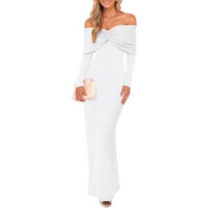 Caracilia Womens Off The Shoulder Bodycon Maxi Dress Fall Sexy Elegant Long Sleeve Ruched Club Party Formal Cocktail Dresses(White)