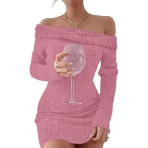 Caracilia Women’s Off The Shoulder Sweater Mini Dress Long Sleeve Fuzzy Fleece Bodycon Cocktail Party 2025 Fall Short Dresses(Blush Pink)