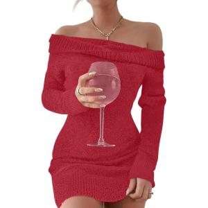 Caracilia Women’s Off The Shoulder Sweater Mini Dress Long Sleeve Fuzzy Fleece Bodycon Cocktail Party 2025 Fall Short Dresses(Red)