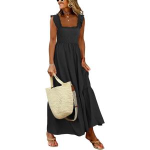 Caracilia Women’s Summer Casual Plaid Smocked Maxi Dress Ruffle Spaghetti Strap Long Dresses 2026 Spring Vacation Sundress(Black)