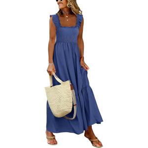 Caracilia Women’s Summer Casual Plaid Smocked Maxi Dress Ruffle Spaghetti Strap Long Dresses 2026 Spring Vacation Sundress(Dark Blue)