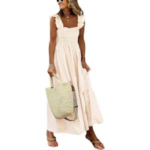 Caracilia Women’s Summer Casual Plaid Smocked Maxi Dress Ruffle Spaghetti Strap Long Dresses 2026 Spring Vacation Sundress(Light Khaki White Plaid)