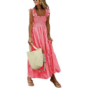 Caracilia Women’s Summer Casual Plaid Smocked Maxi Dress Ruffle Spaghetti Strap Long Dresses 2026 Spring Vacation Sundress(Red White Plaid)