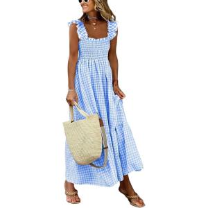 Caracilia Women’s Summer Casual Plaid Smocked Maxi Dress Ruffle Spaghetti Strap Long Dresses 2026 Spring Vacation Sundress(Sky Blue White Plaid)