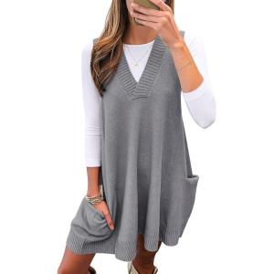 Caracilia Womens Sweater Vest Dress Wool Blend V Neck Sleeveless Loose Fit Casual 2025 Fall Short Tank Dresses with Pockets(Grey)