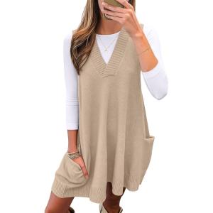 Caracilia Womens Sweater Vest Dress Wool Blend V Neck Sleeveless Loose Fit Casual 2025 Fall Short Tank Dresses with Pockets(Yellow Khaki)