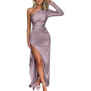 Caracilia Womens Wedding Guest Maxi Dress 2025 Fall One Shoulder Sleeve Satin Bodycon High Split Cocktail Formal Prom Dresses(Mauve)